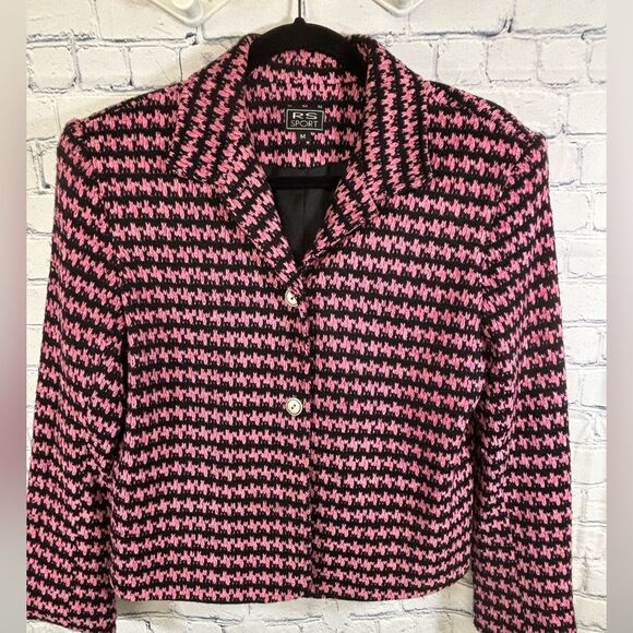 VINTAGE RK Sport Pink Black Cropped Academia Workwear 90s Houndstooth Blazer M - Picture 2 of 9